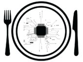 A logo of a stylized circuit board on a plate. On either side are a fork and knife.
