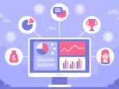 CRM displayed on a monitor and surrounded by flat icons of CRM features.